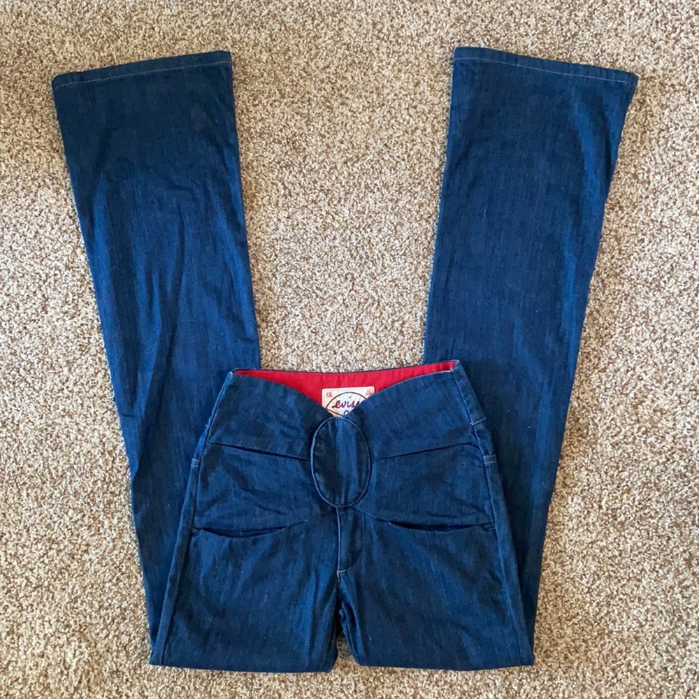 Evisu High Waisted Snap Front Bootcut Jeans 25
